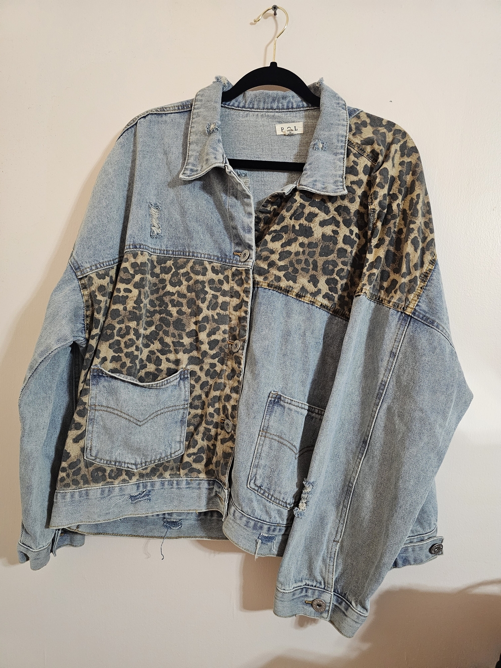 POL 3X Leopard Patchwork Light Wash Denim Jacket - Beige/Black